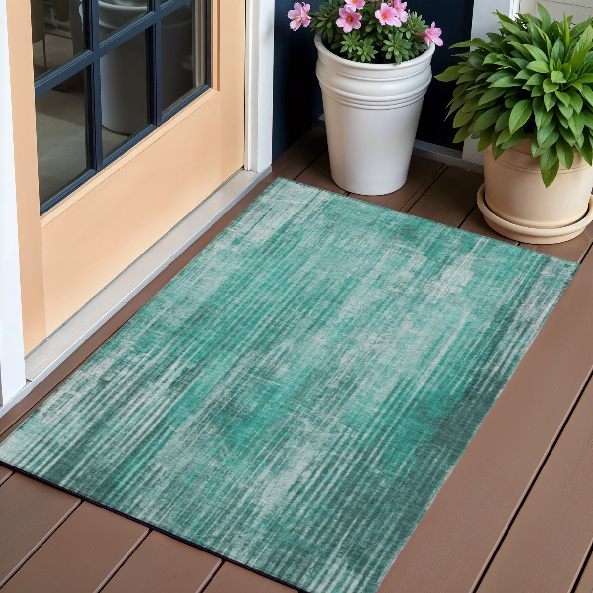 3 X 5 Teal Blue Aqua And Gray Striped Washable Indoor Outdoor Area Rug