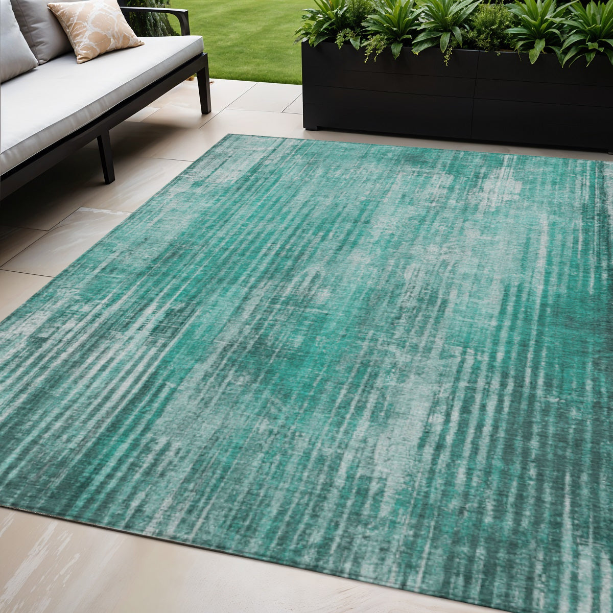 5 X 8 Teal Blue Aqua And Gray Striped Washable Indoor Outdoor Area Rug