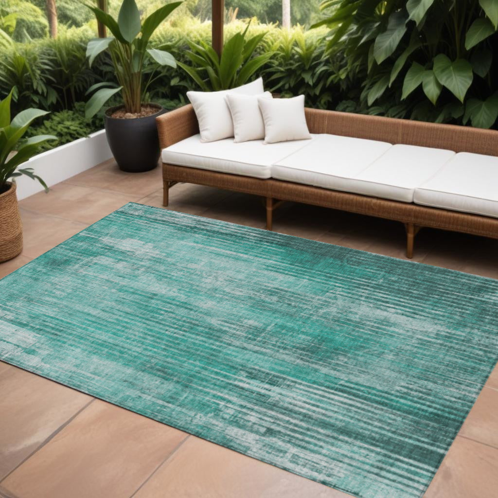 8 X 10 Teal Blue Aqua And Gray Striped Washable Indoor Outdoor Area Rug