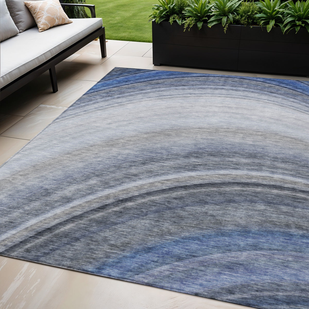 5 X 8 Denim Blue And Navy Blue Abstract Washable Indoor Outdoor Area Rug