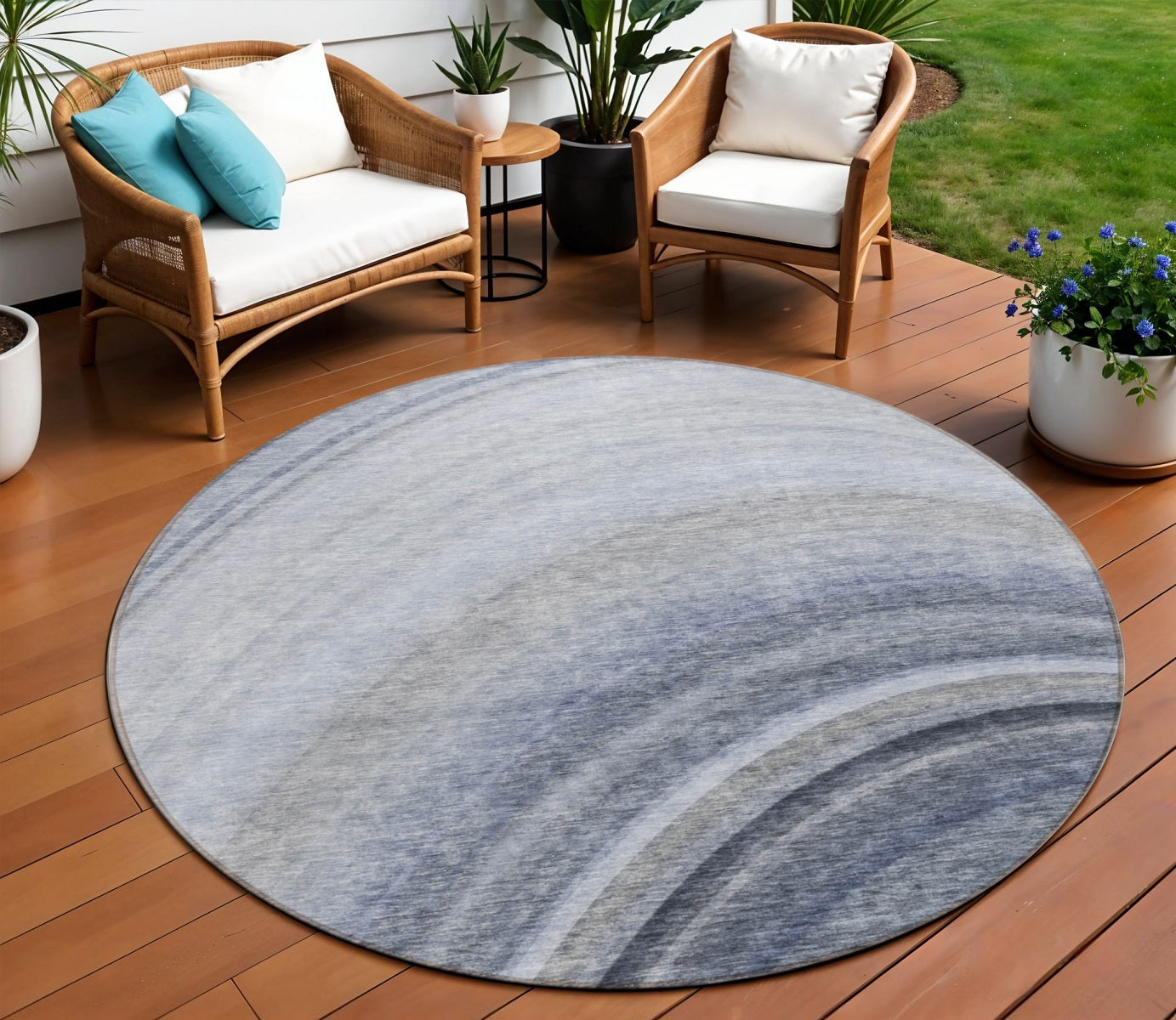 8 Denim Blue And Navy Blue Round Abstract Washable Indoor Outdoor Area Rug