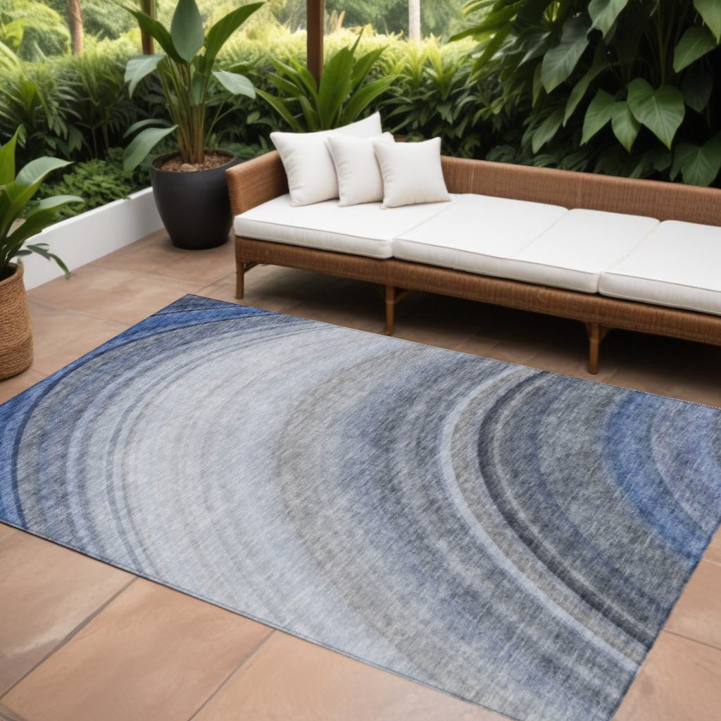 10 X 14 Denim Blue And Navy Blue Abstract Washable Indoor Outdoor Area Rug