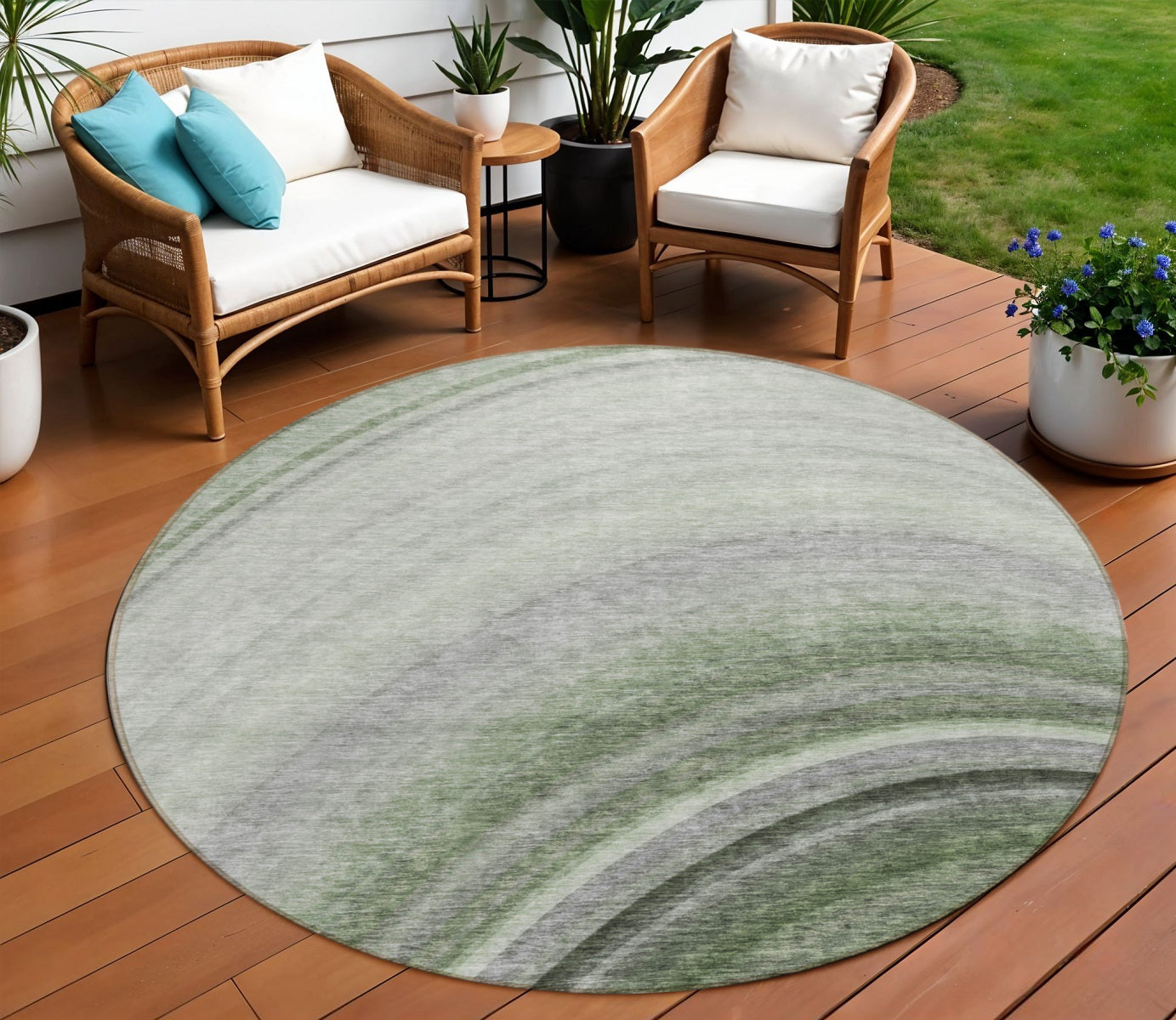 8 Green And Artichoke Green Round Abstract Washable Indoor Outdoor Area Rug