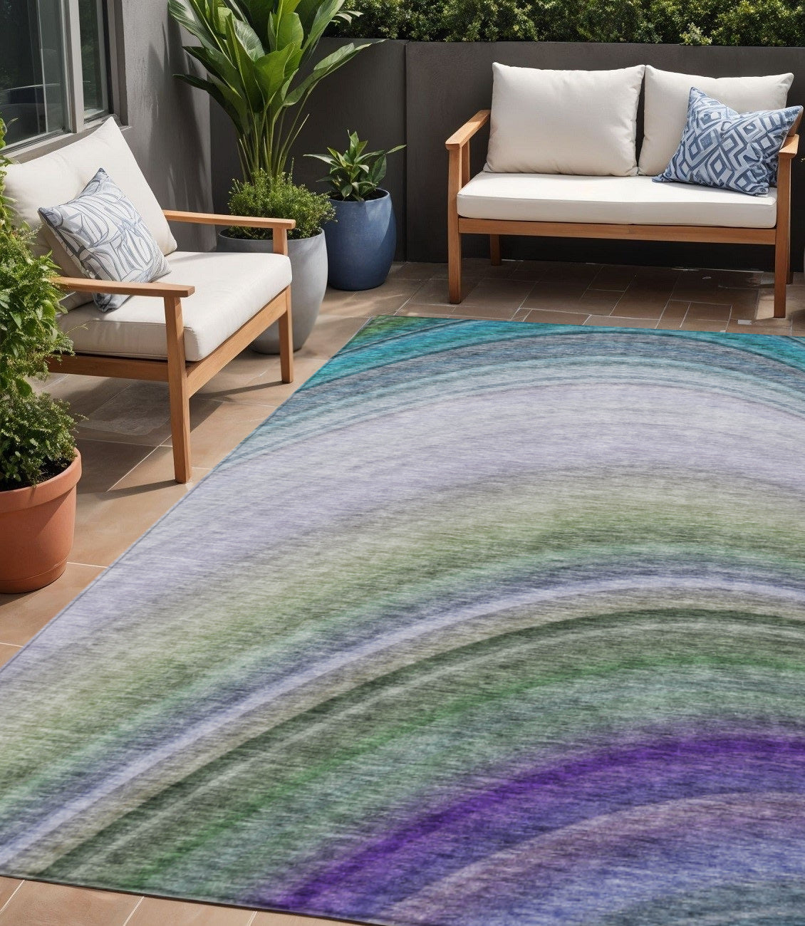 5 X 8 Teal Blue Artichoke Green And Green Abstract Washable Indoor Outdoor Area Rug