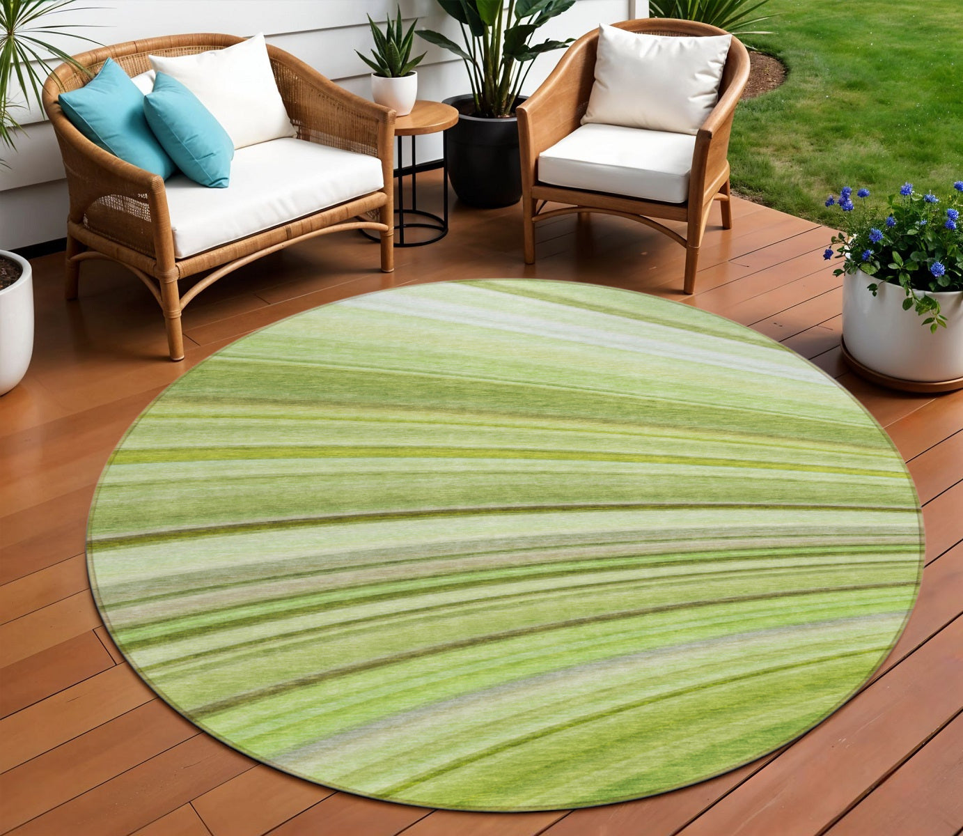 8 Artichoke Green And Olive Green Round Abstract Washable Indoor Outdoor Area Rug