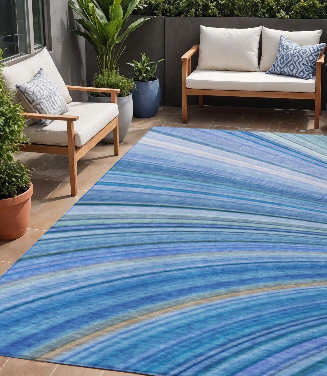 5 X 8 Denim Blue And Sky Blue Abstract Washable Indoor Outdoor Area Rug