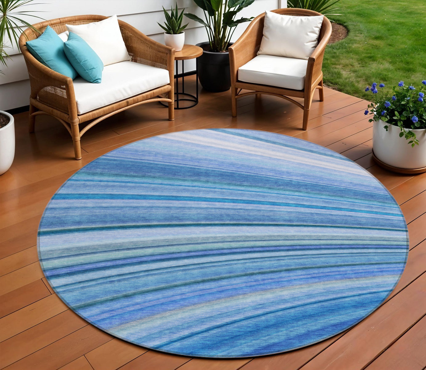 8 Denim Blue And Sky Blue Round Abstract Washable Indoor Outdoor Area Rug