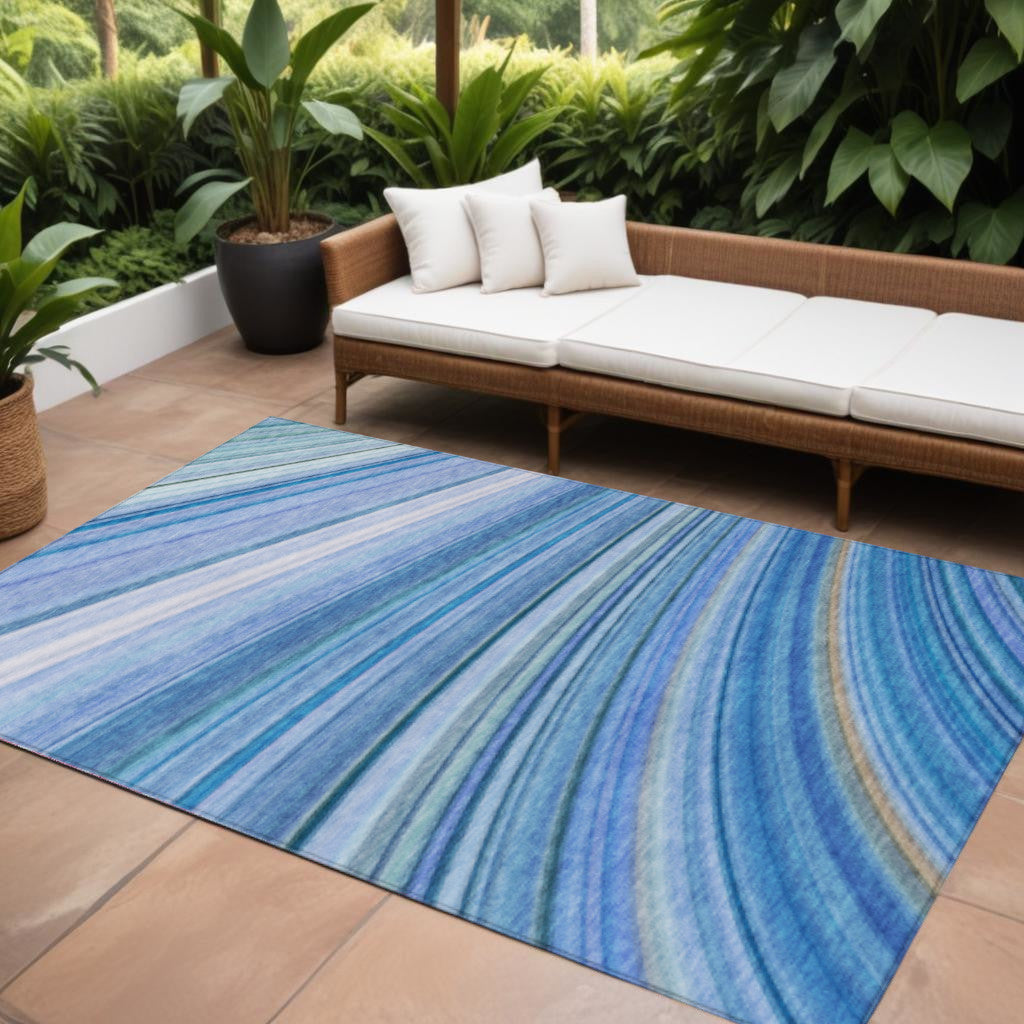 10 X 14 Denim Blue And Sky Blue Abstract Washable Indoor Outdoor Area Rug