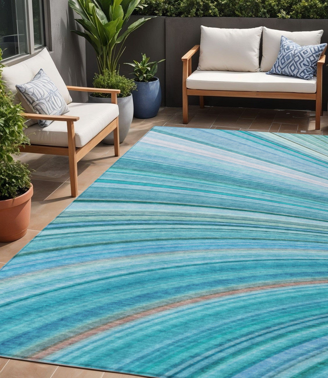 5 X 8 Teal Blue Aqua And Blue Abstract Washable Indoor Outdoor Area Rug
