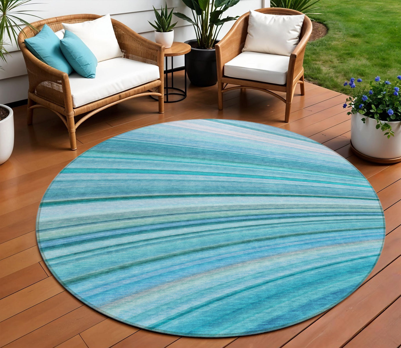 8 Teal Blue Aqua And Blue Round Abstract Washable Indoor Outdoor Area Rug