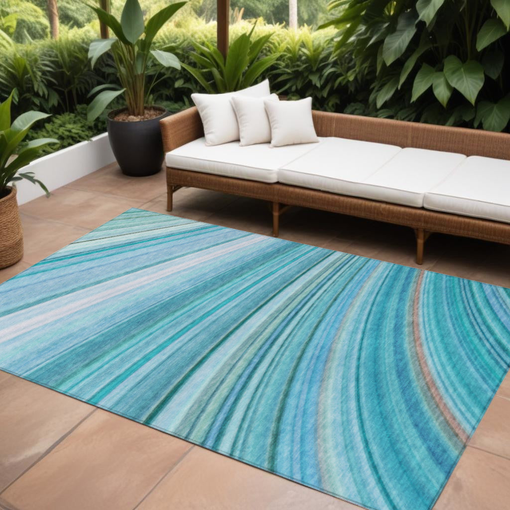 10 X 14 Teal Blue Aqua And Blue Abstract Washable Indoor Outdoor Area Rug