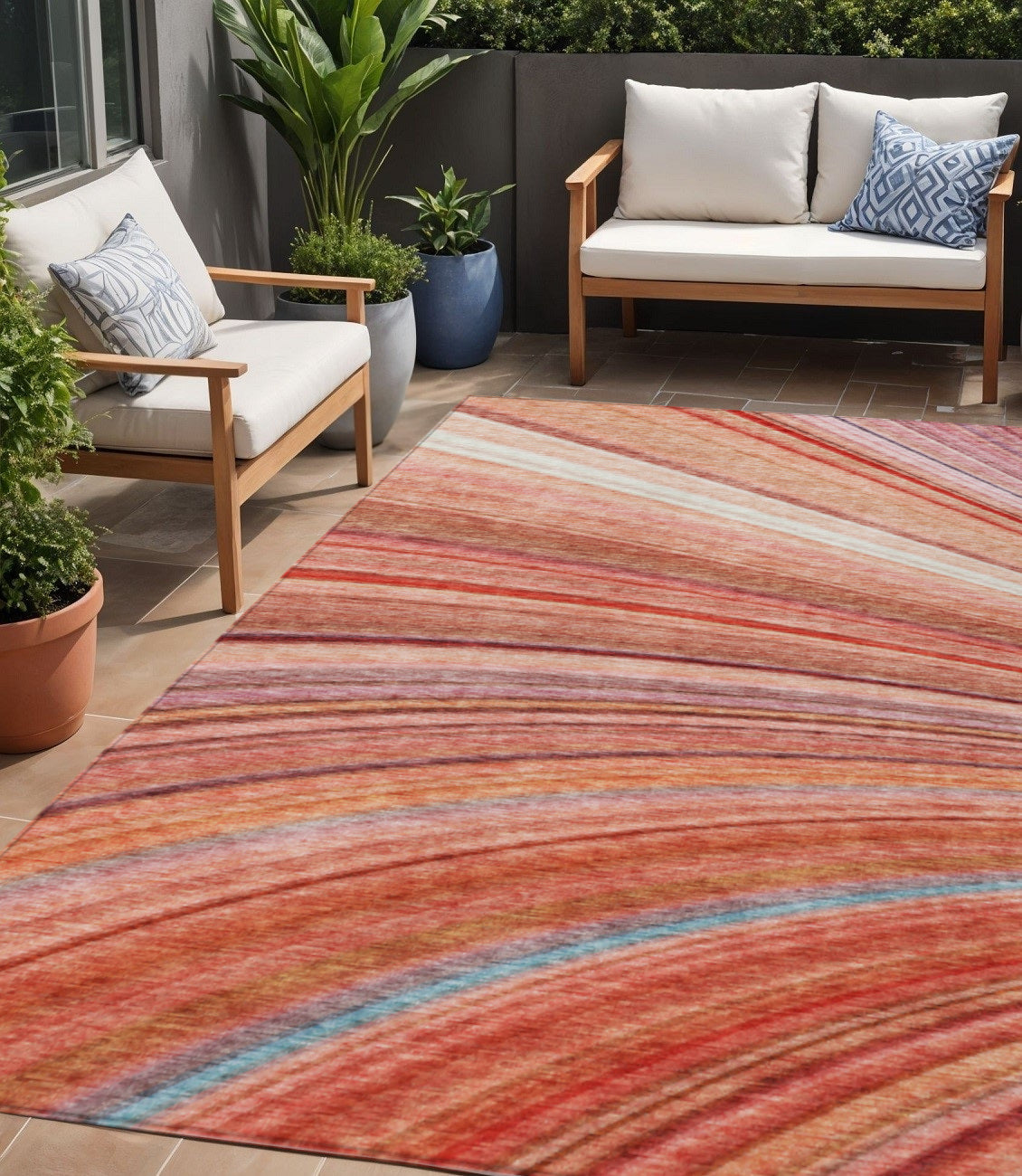 5 X 8 Terra Cotta Salmon And Orange Striped Washable Indoor Outdoor Area Rug