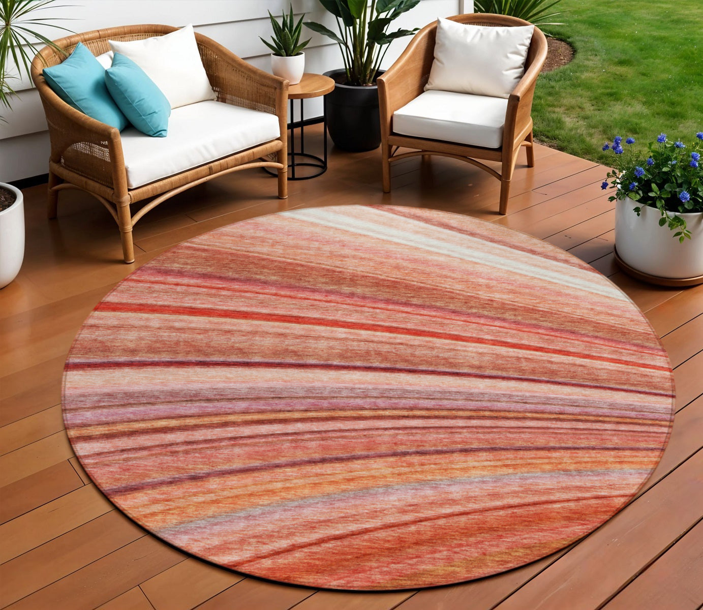 8 Terra Cotta Salmon And Orange Round Striped Washable Indoor Outdoor Area Rug