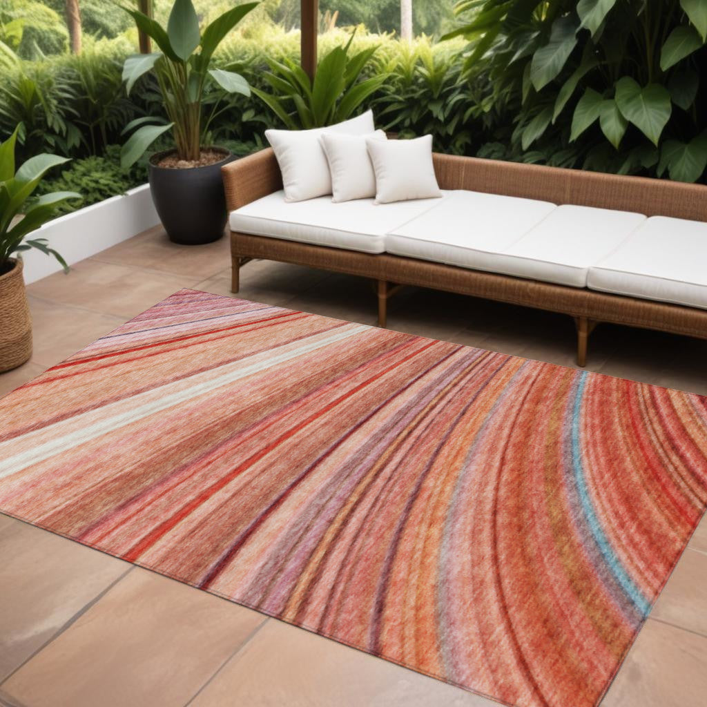 8 X 10 Terra Cotta Salmon And Orange Striped Washable Indoor Outdoor Area Rug