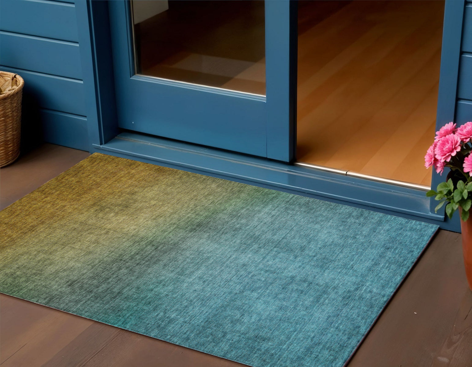 3 X 5 Brown Blue And Taupe Ombre Washable Indoor Outdoor Area Rug