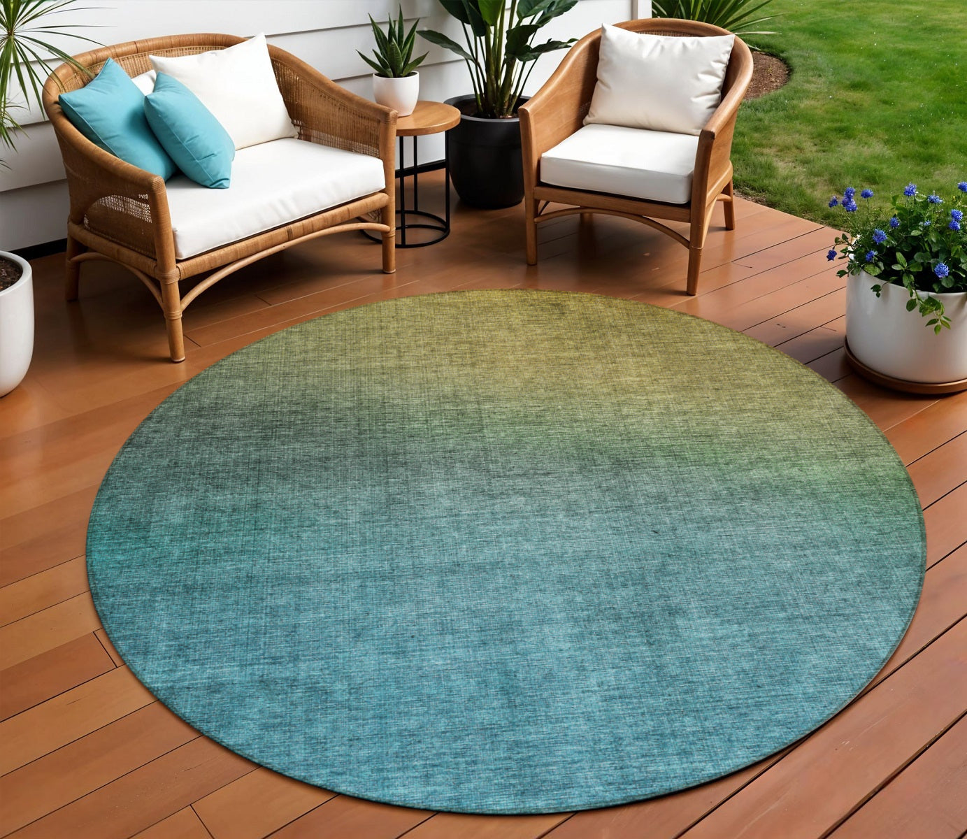 8 Brown Blue And Taupe Round Ombre Washable Indoor Outdoor Area Rug