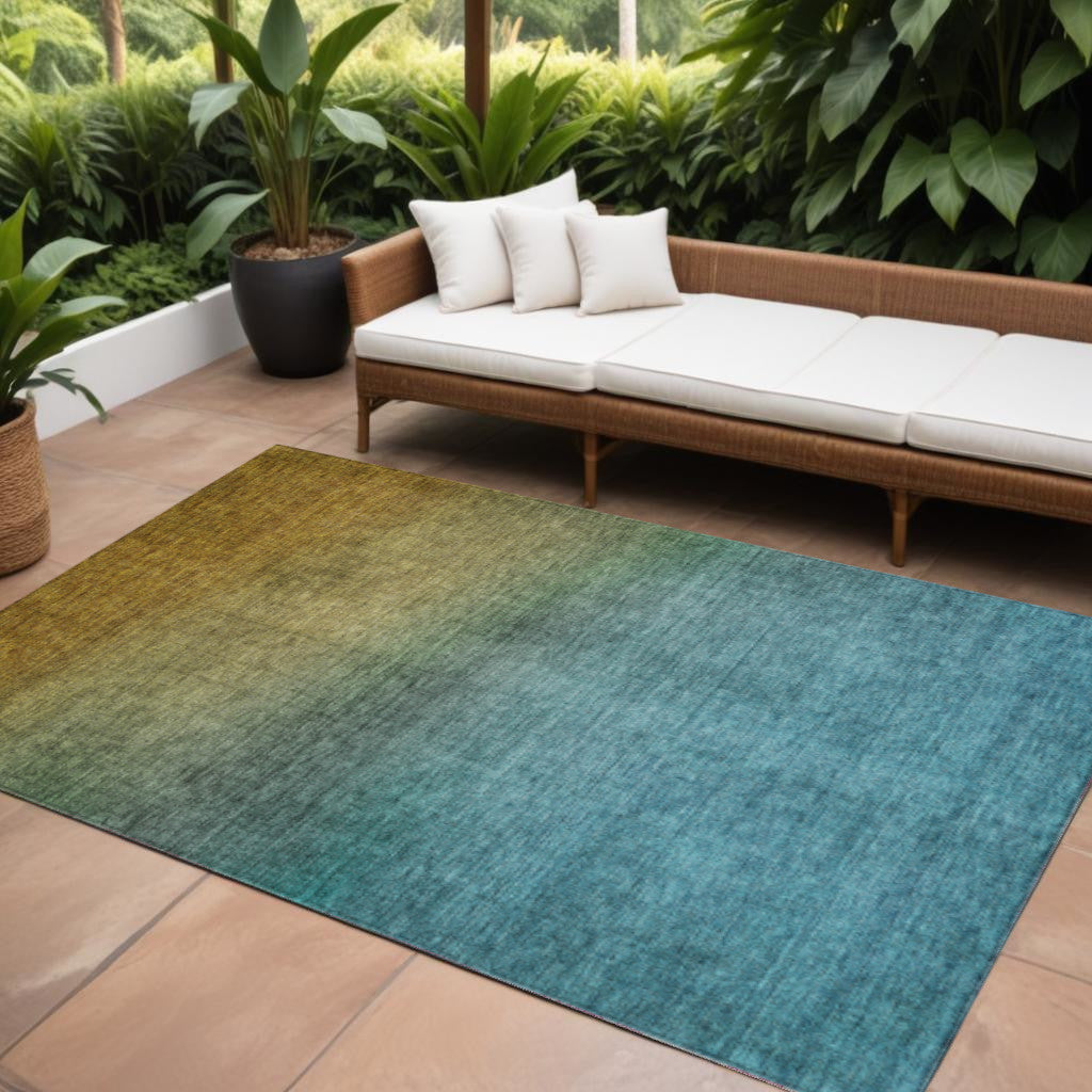 8 X 10 Brown Blue And Taupe Ombre Washable Indoor Outdoor Area Rug