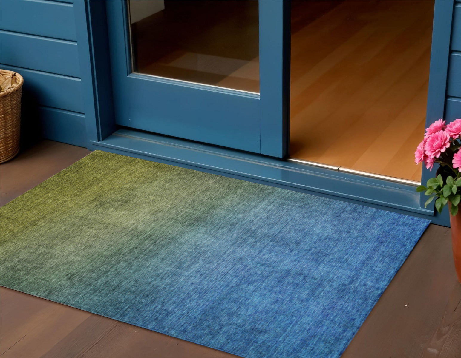 3 X 5 Olive Green Blue And Navy Blue Ombre Washable Indoor Outdoor Area Rug