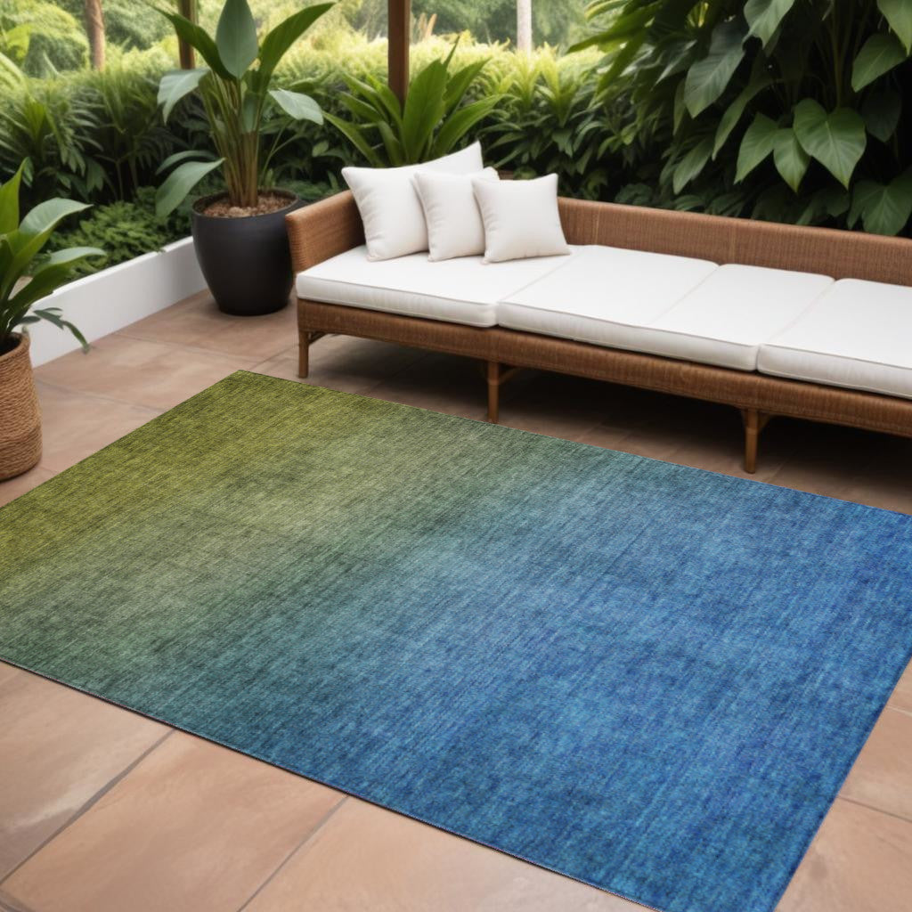 10 X 14 Olive Green Blue And Navy Blue Ombre Washable Indoor Outdoor Area Rug