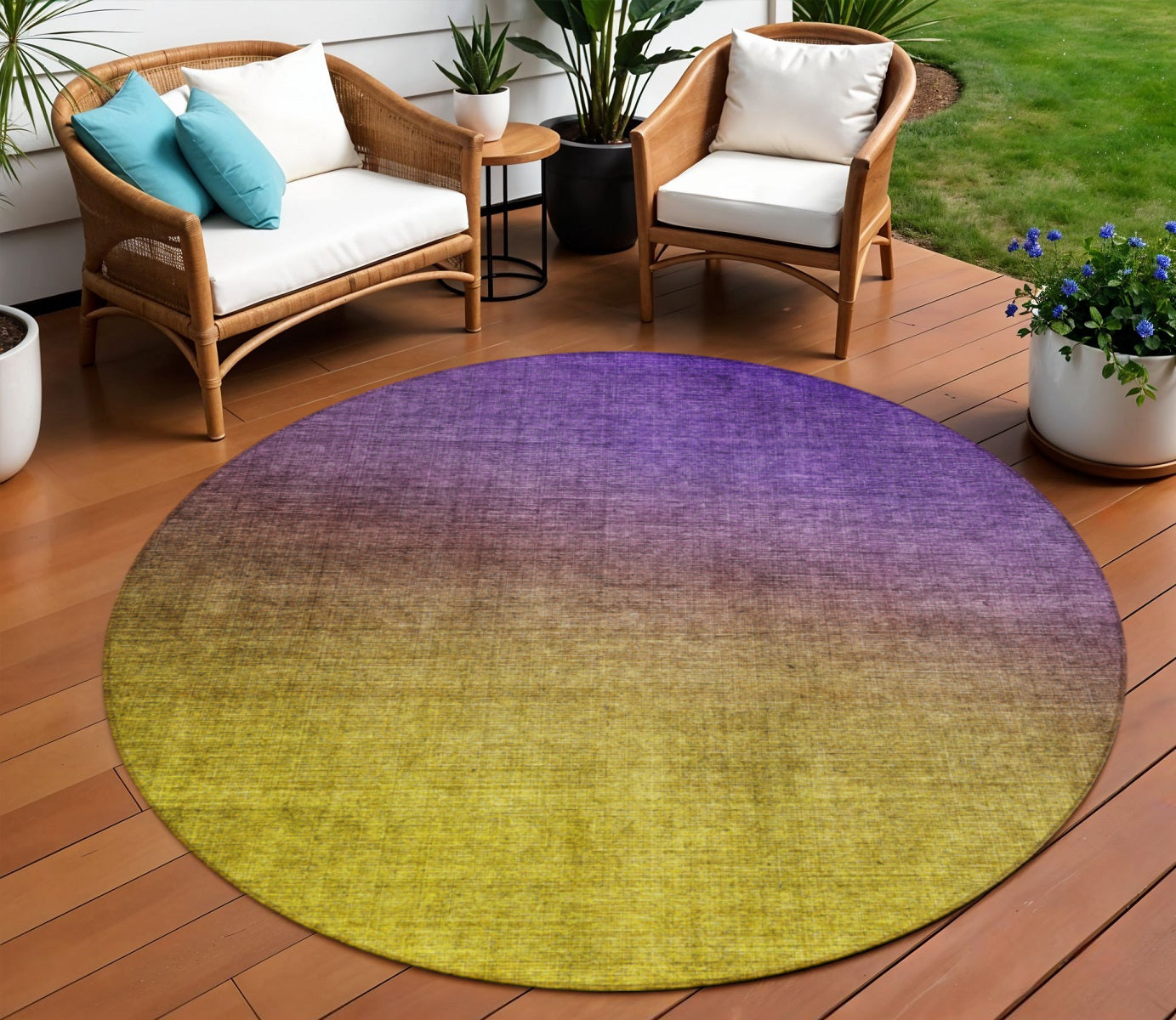 8 Purple Gold And Blue Round Ombre Washable Indoor Outdoor Area Rug