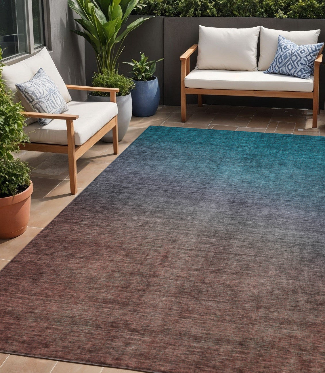 5 X 8 Teal Blue Chocolate And Charcoal Ombre Washable Indoor Outdoor Area Rug