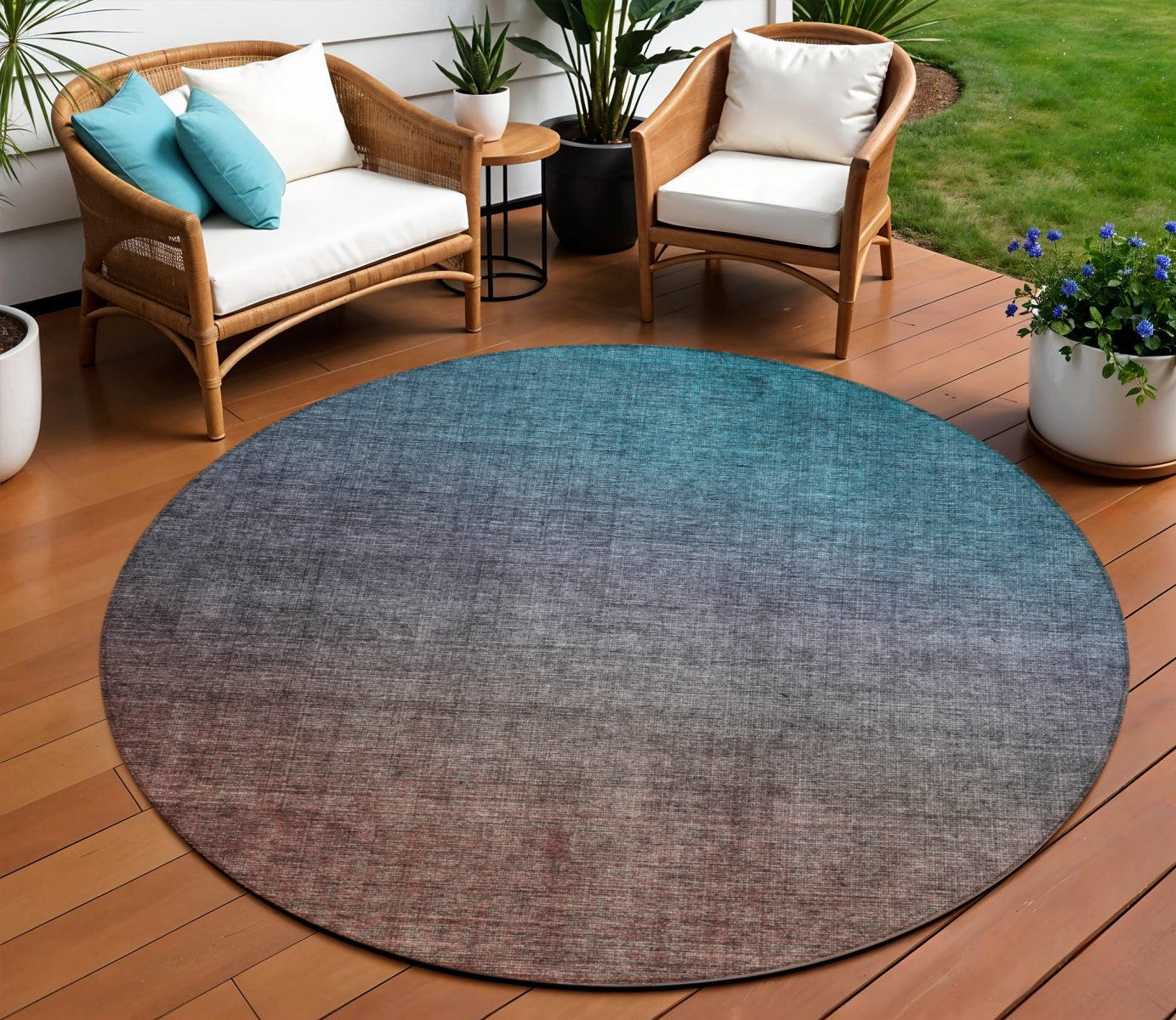 8 Teal Blue Chocolate And Charcoal Round Ombre Washable Indoor Outdoor Area Rug