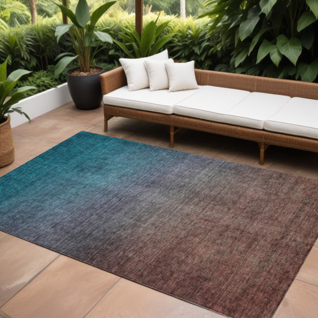 10 X 14 Teal Blue Chocolate And Charcoal Ombre Washable Indoor Outdoor Area Rug