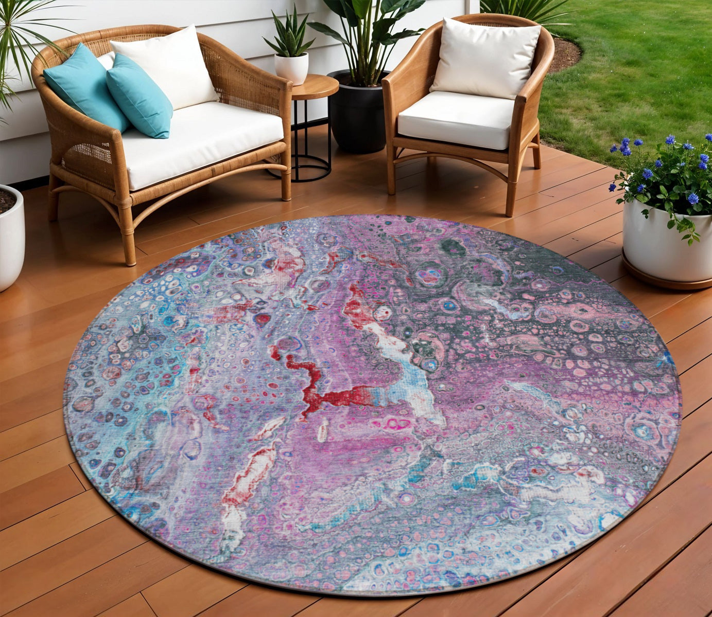 8 Sky Blue And Purple Round Abstract Washable Indoor Outdoor Area Rug