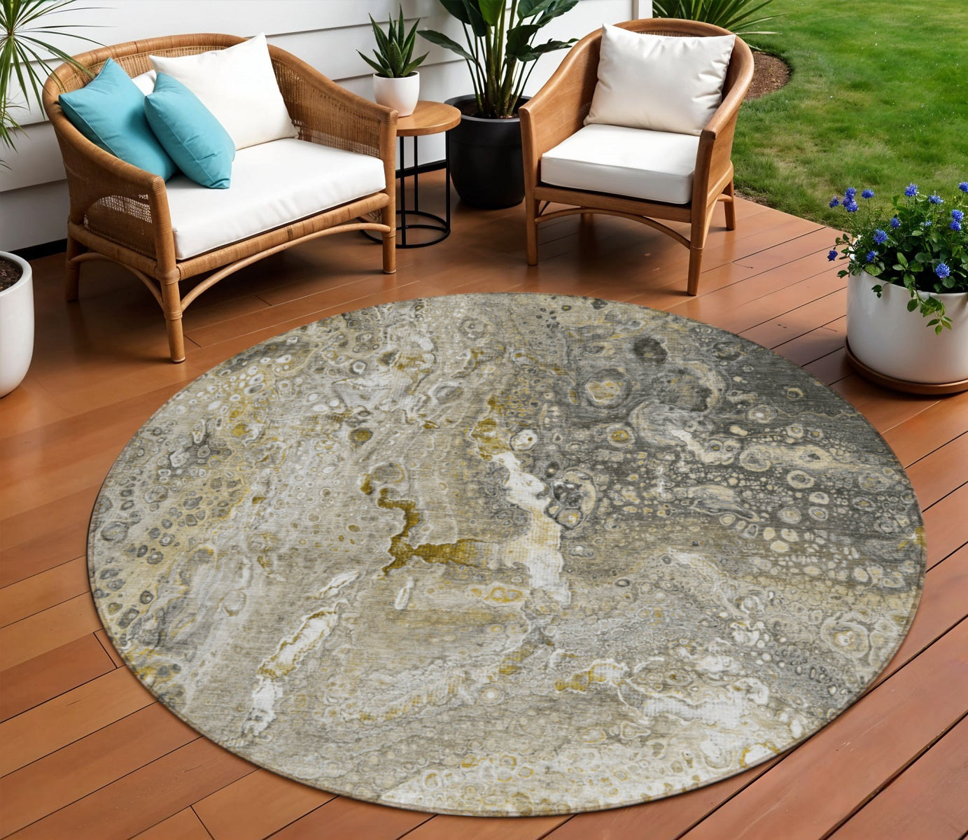 8 Taupe Brown And Beige Round Abstract Washable Indoor Outdoor Area Rug