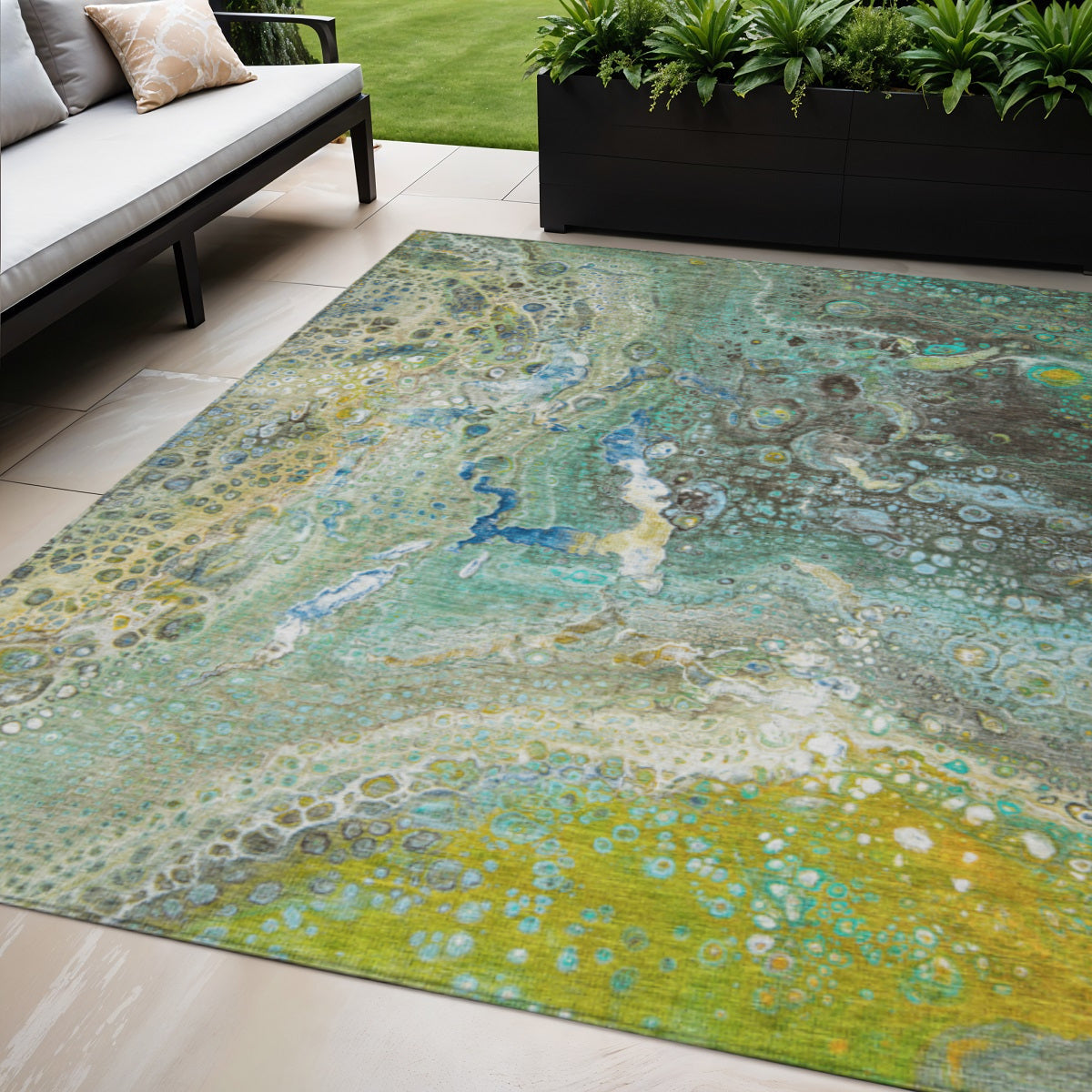 5 X 8 Teal Blue Lime Green And Green Abstract Washable Indoor Outdoor Area Rug
