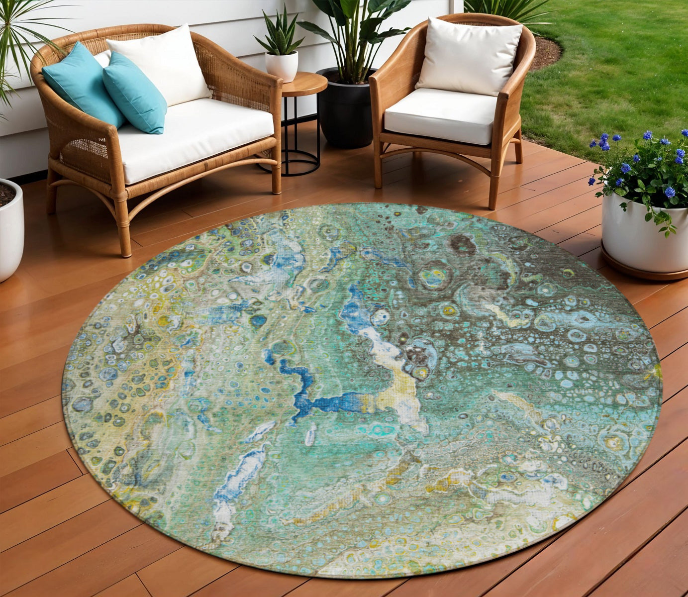 8 Teal Blue Lime Green And Green Round Abstract Washable Indoor Outdoor Area Rug
