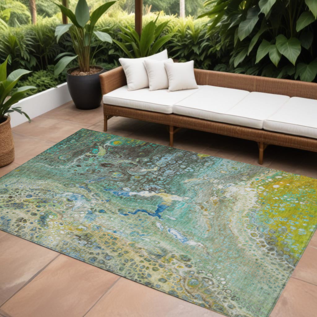 10 X 14 Teal Blue Lime Green And Green Abstract Washable Indoor Outdoor Area Rug
