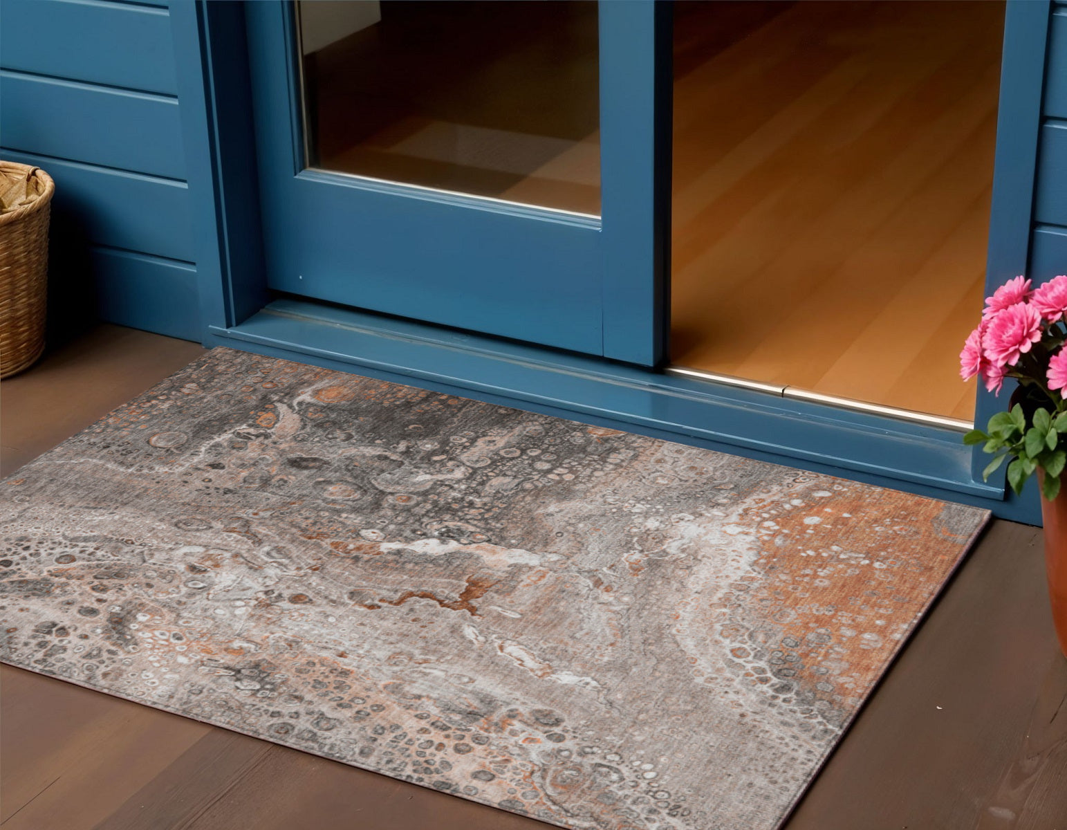 3 X 5 Terra Cotta Copper And Gray Abstract Washable Indoor Outdoor Area Rug