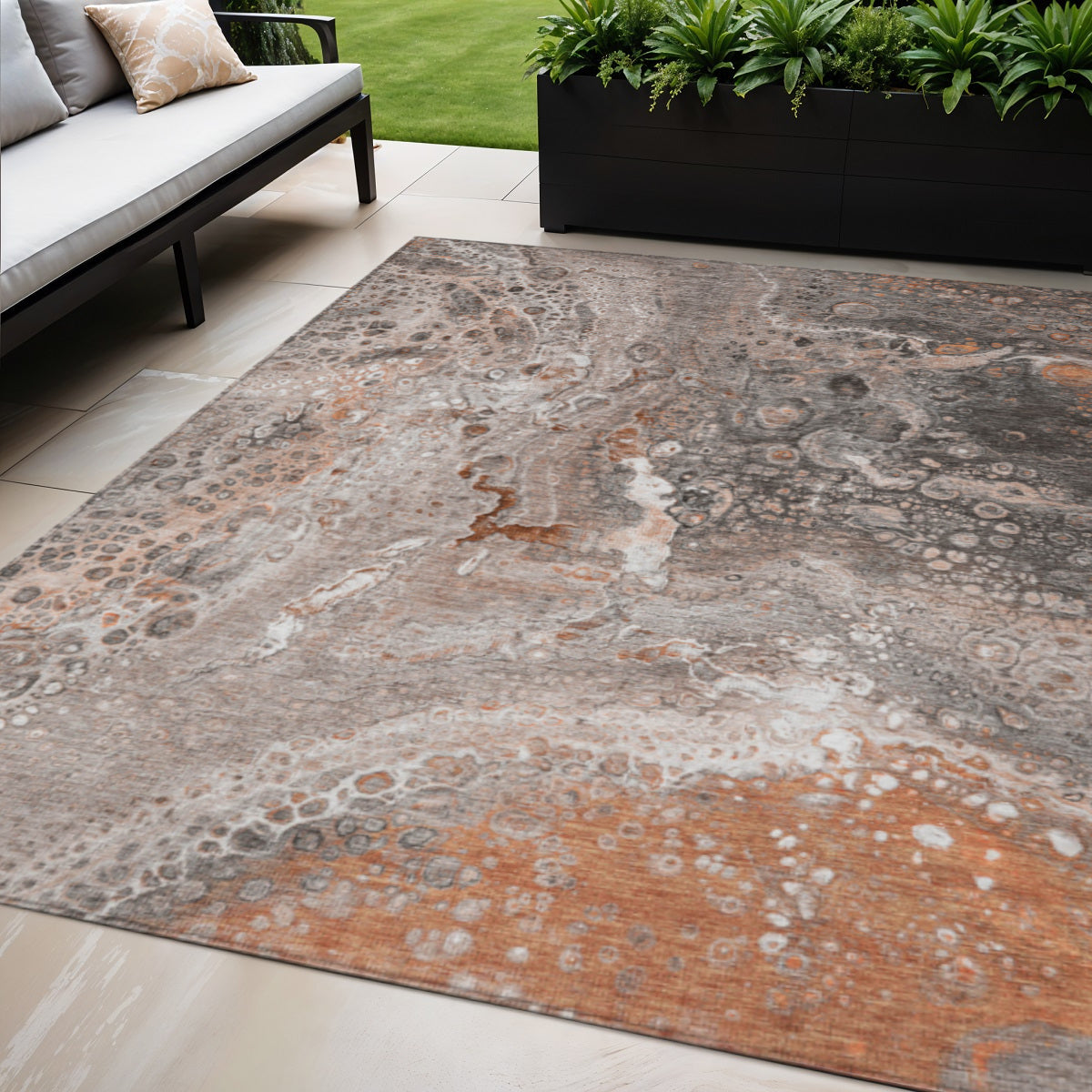 5 X 8 Terra Cotta Copper And Gray Abstract Washable Indoor Outdoor Area Rug