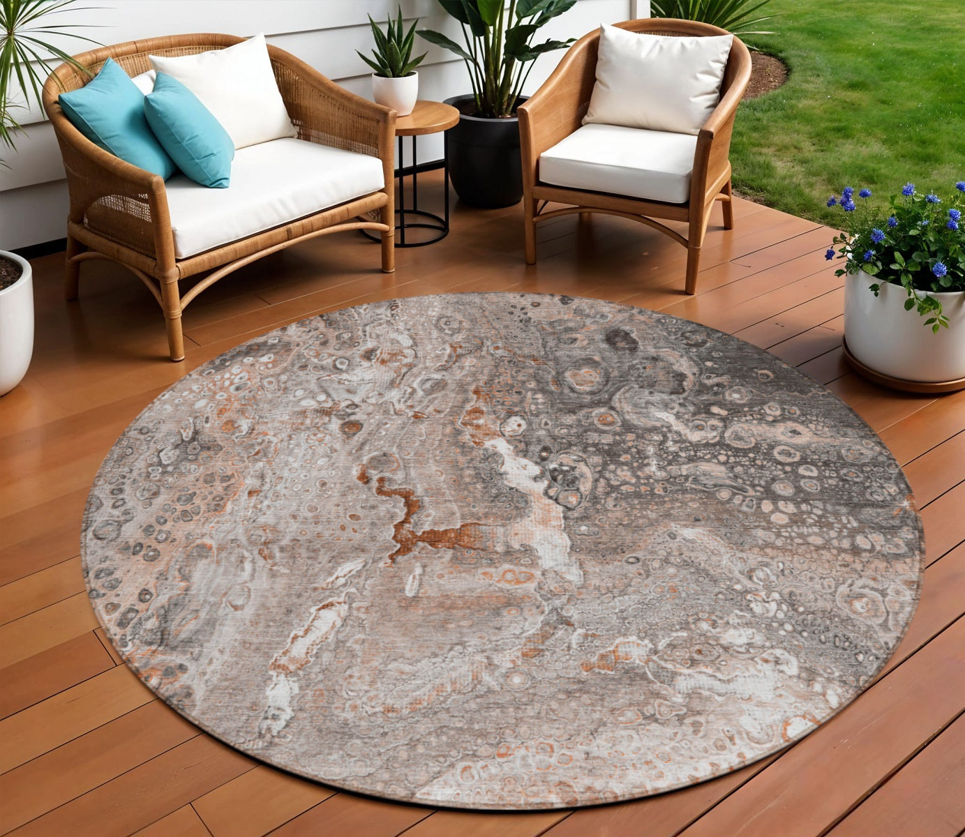 8 Terra Cotta Copper And Gray Round Abstract Washable Indoor Outdoor Area Rug