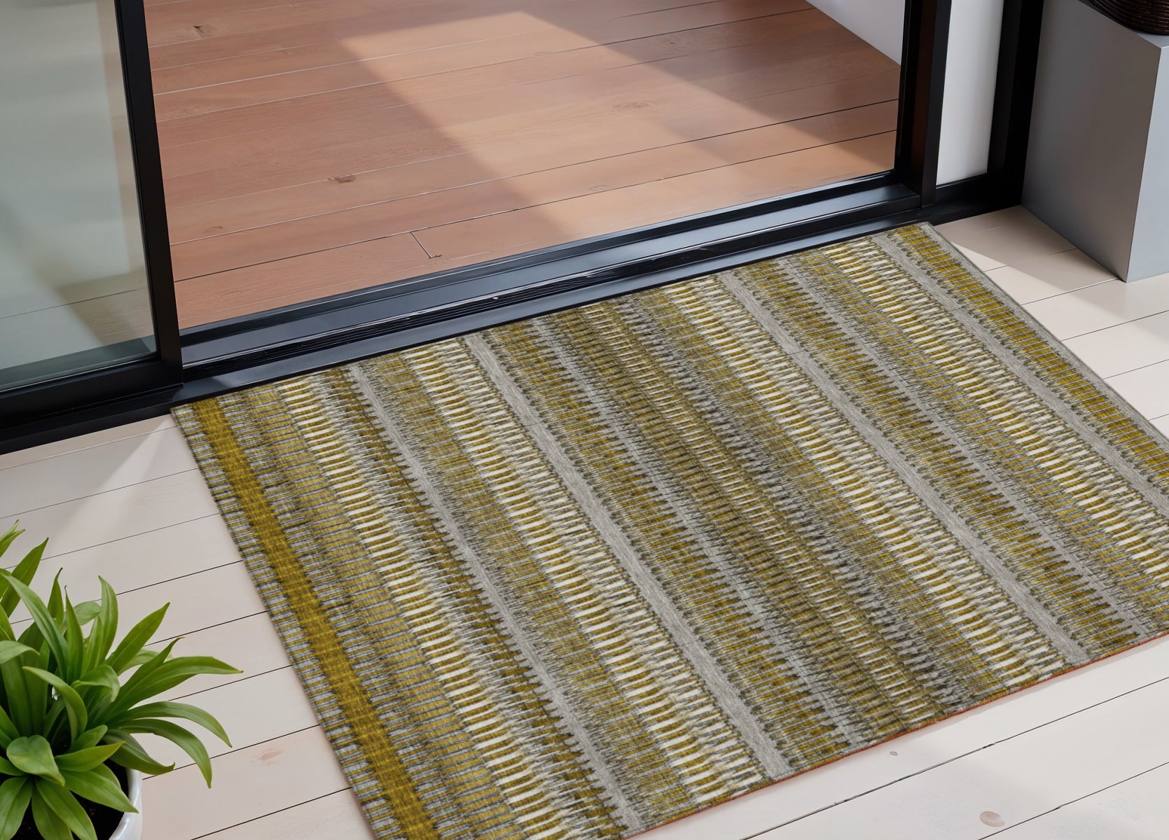 3 X 5 Coffee And Taupe Striped Washable Indoor Outdoor Area Rug