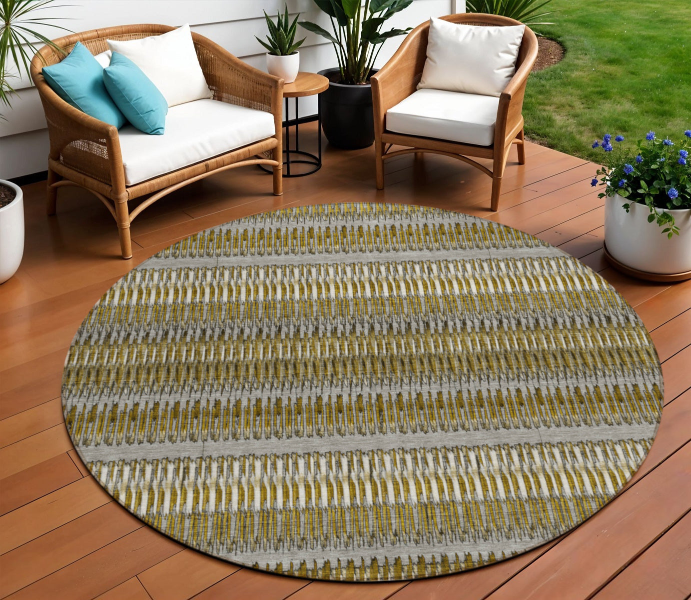 8 Coffee And Taupe Round Striped Washable Indoor Outdoor Area Rug