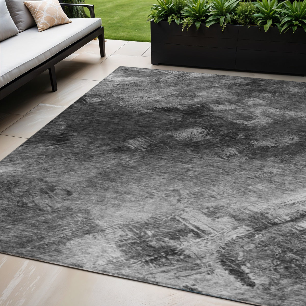 5 X 8 Gray Charcoal And Silver Abstract Washable Indoor Outdoor Area Rug