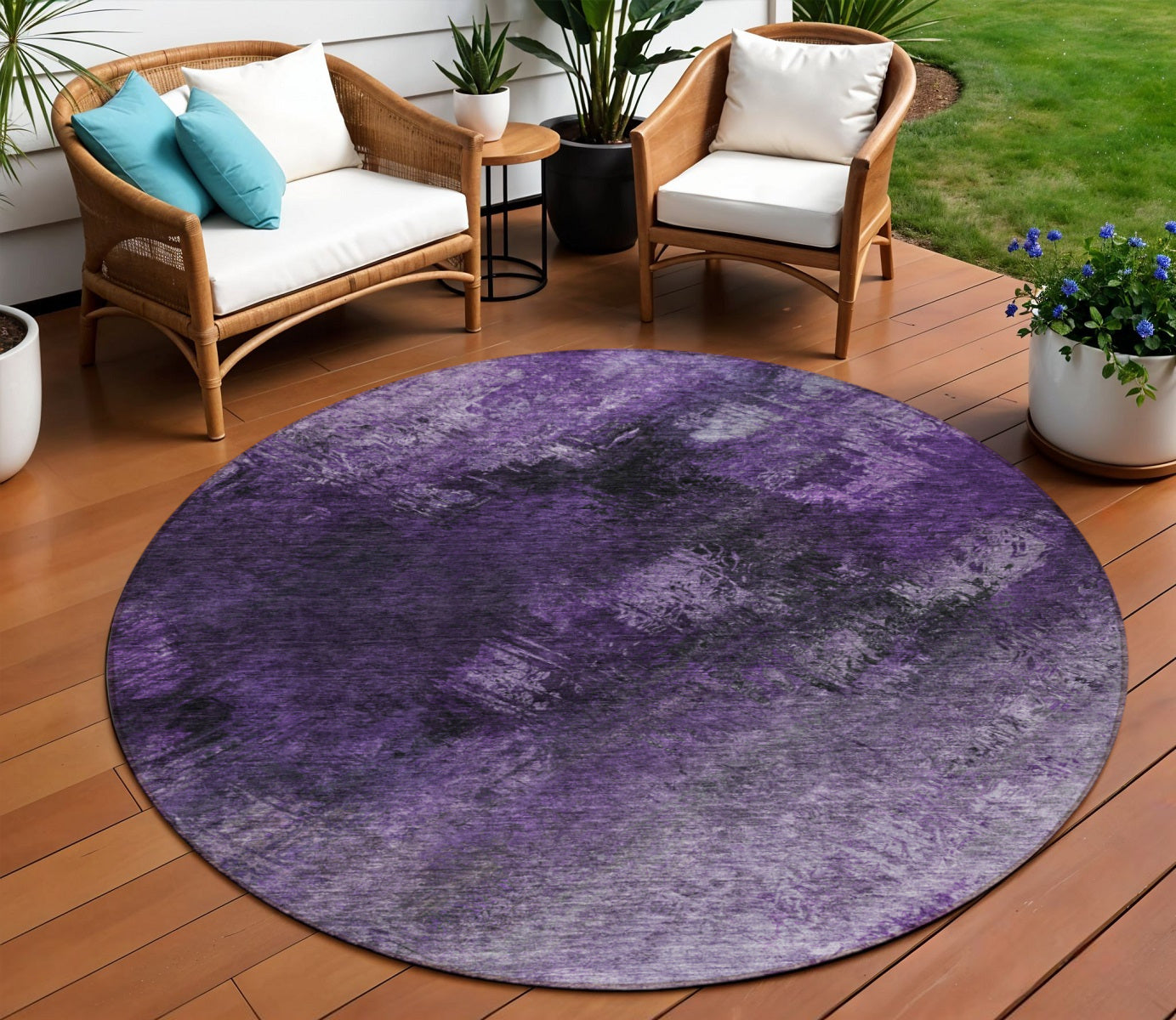 8 Purple Eggplant And Lavender Round Abstract Washable Indoor Outdoor Area Rug