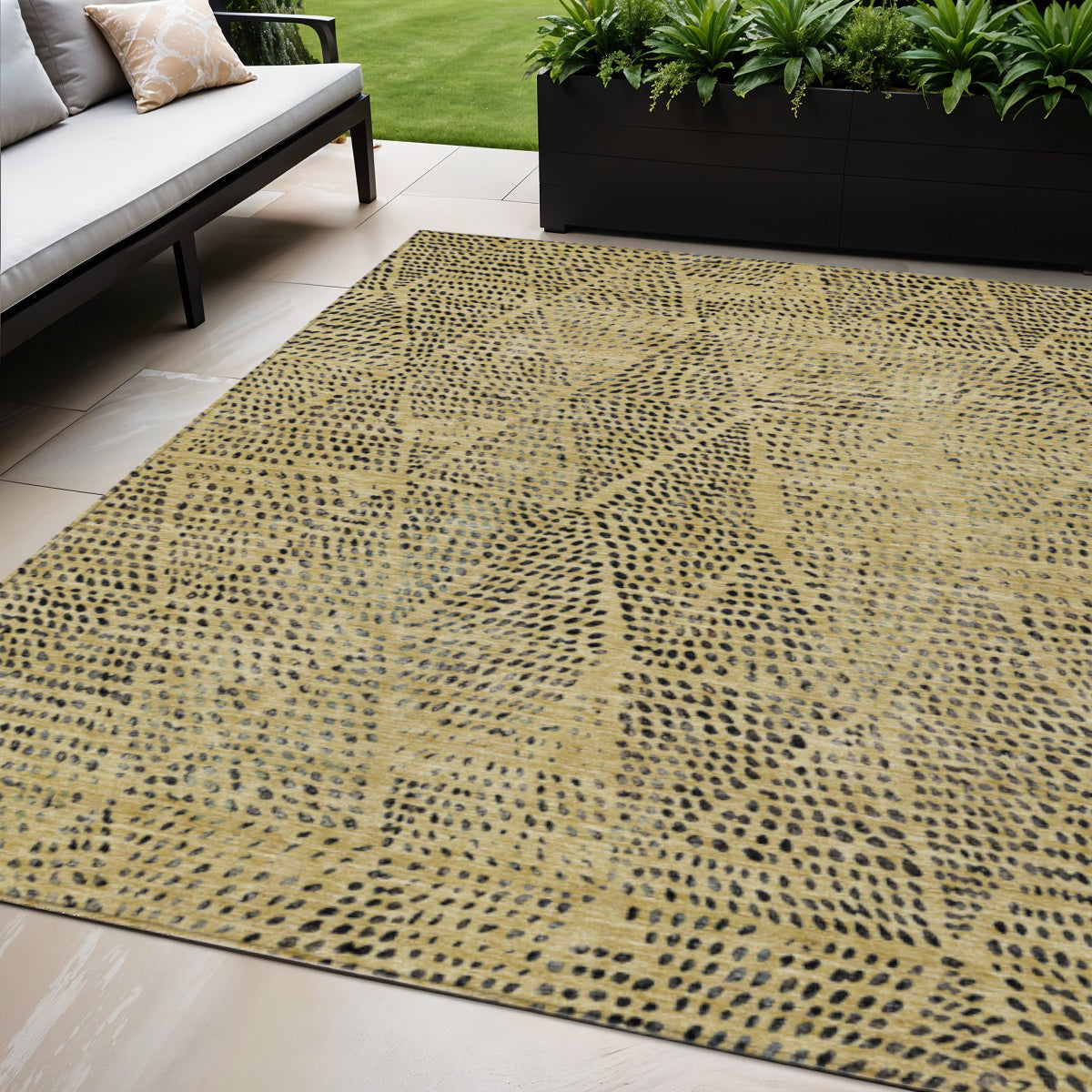 5 X 8 Gold Black And Charcoal Geometric Washable Indoor Outdoor Area Rug