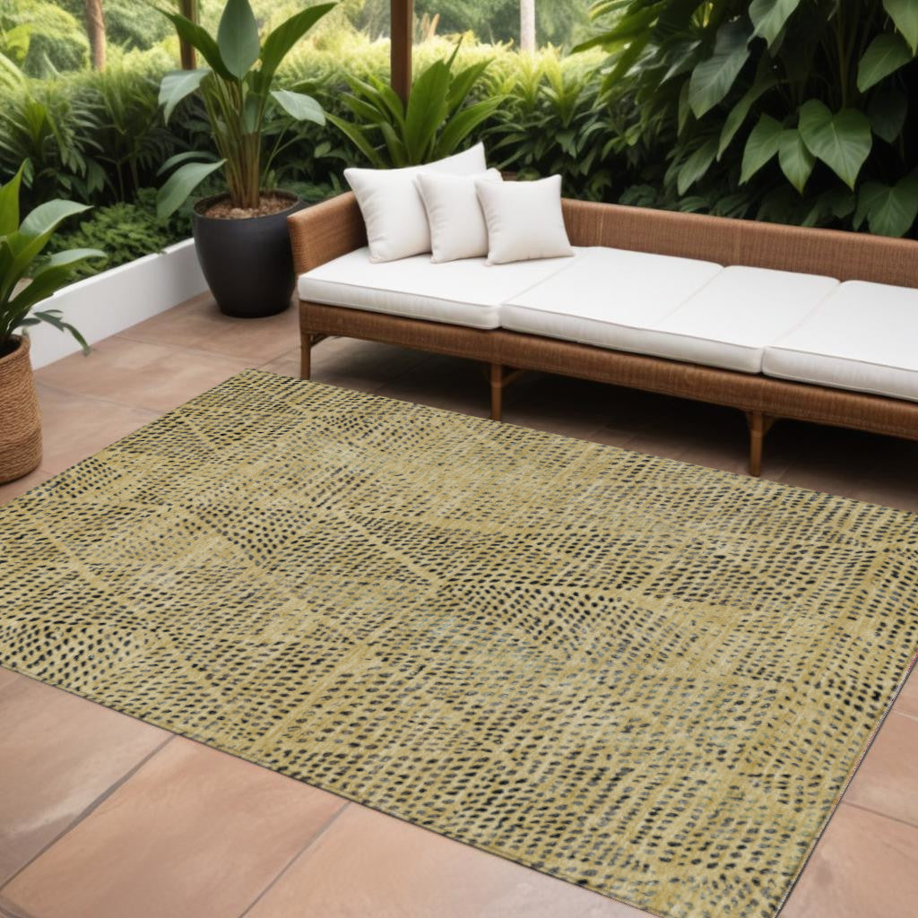 9 X 12 Gold Black And Charcoal Geometric Washable Indoor Outdoor Area Rug