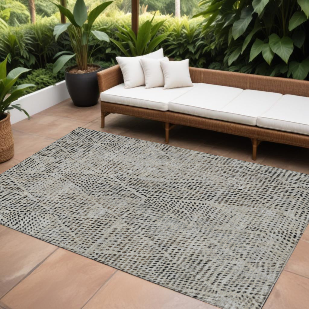 10 X 14 Gray Beige And Black Geometric Washable Indoor Outdoor Area Rug