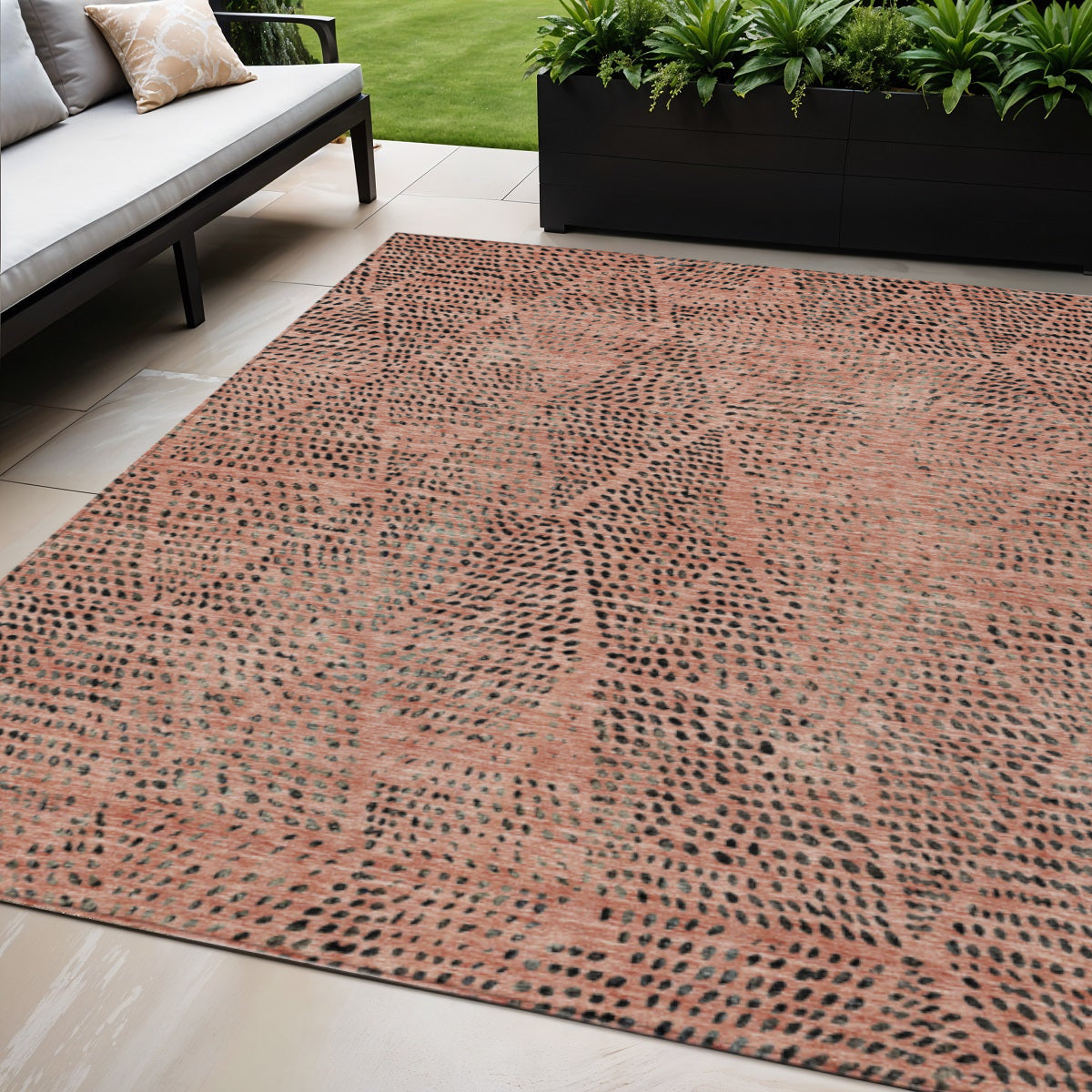 5 X 8 Salmon Charcoal And Beige Geometric Washable Indoor Outdoor Area Rug