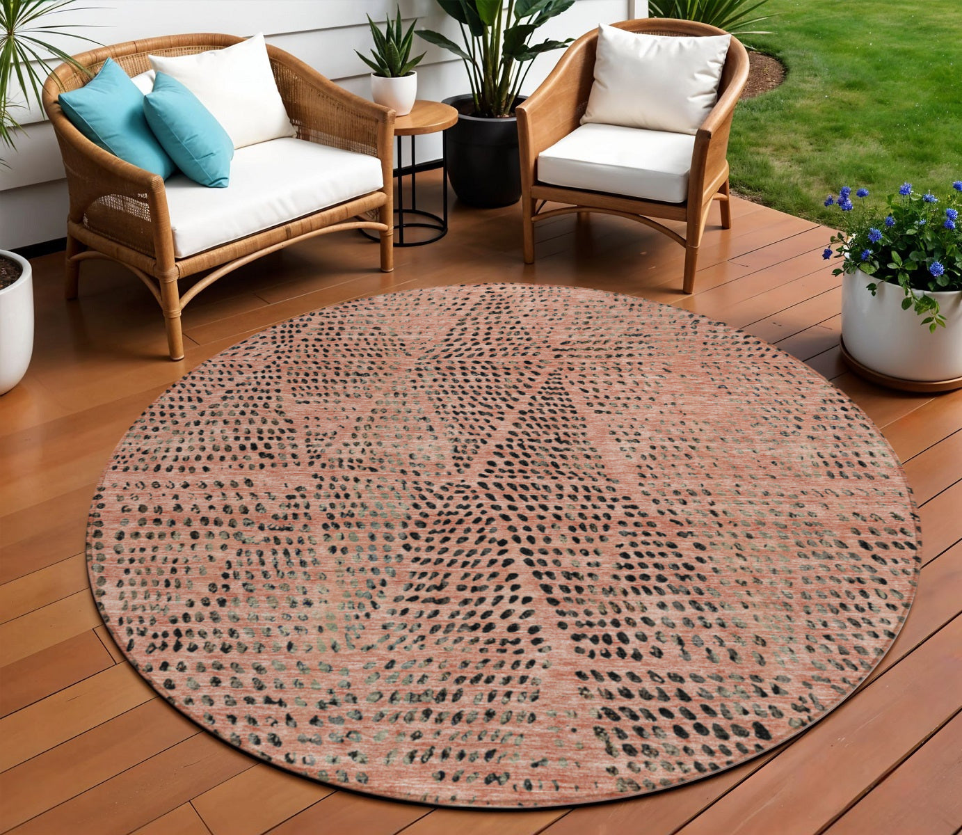 8 Salmon Charcoal And Beige Round Geometric Washable Indoor Outdoor Area Rug