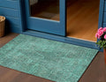3 X 5 Teal Blue And Charcoal Geometric Washable Indoor Outdoor Area Rug