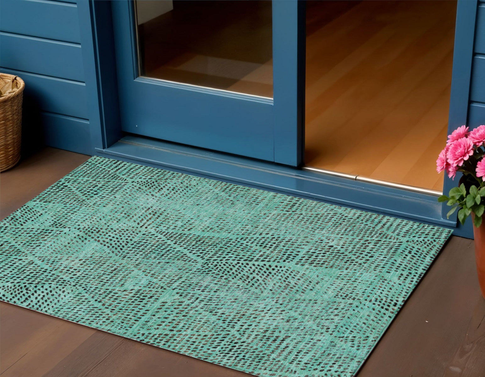 3 X 5 Teal Blue And Charcoal Geometric Washable Indoor Outdoor Area Rug