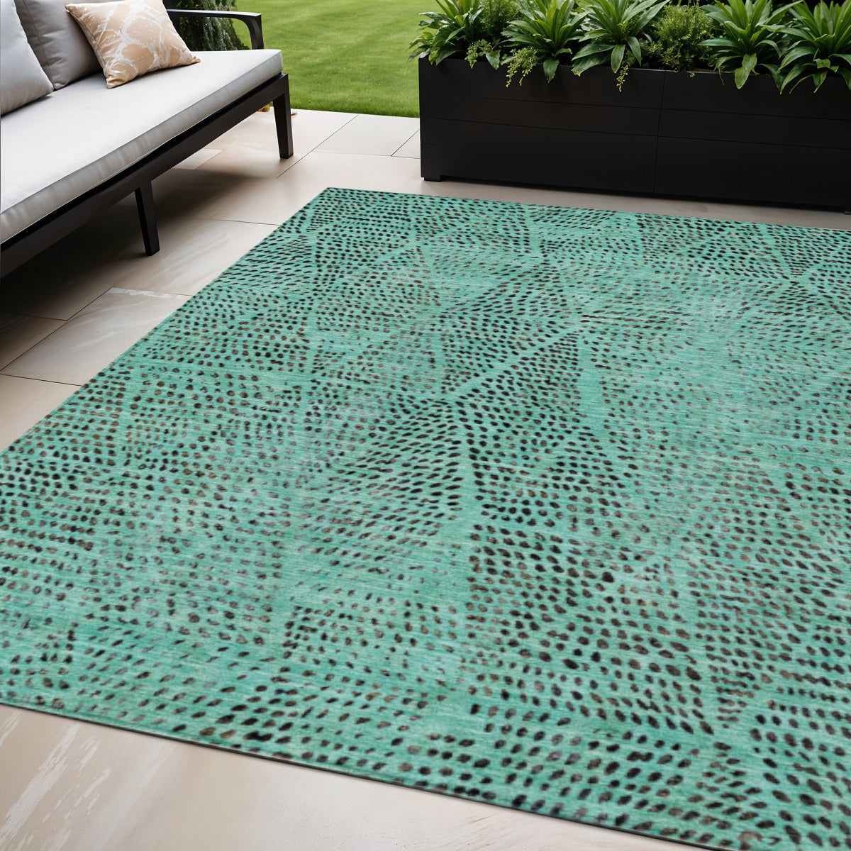 5 X 8 Teal Blue And Charcoal Geometric Washable Indoor Outdoor Area Rug