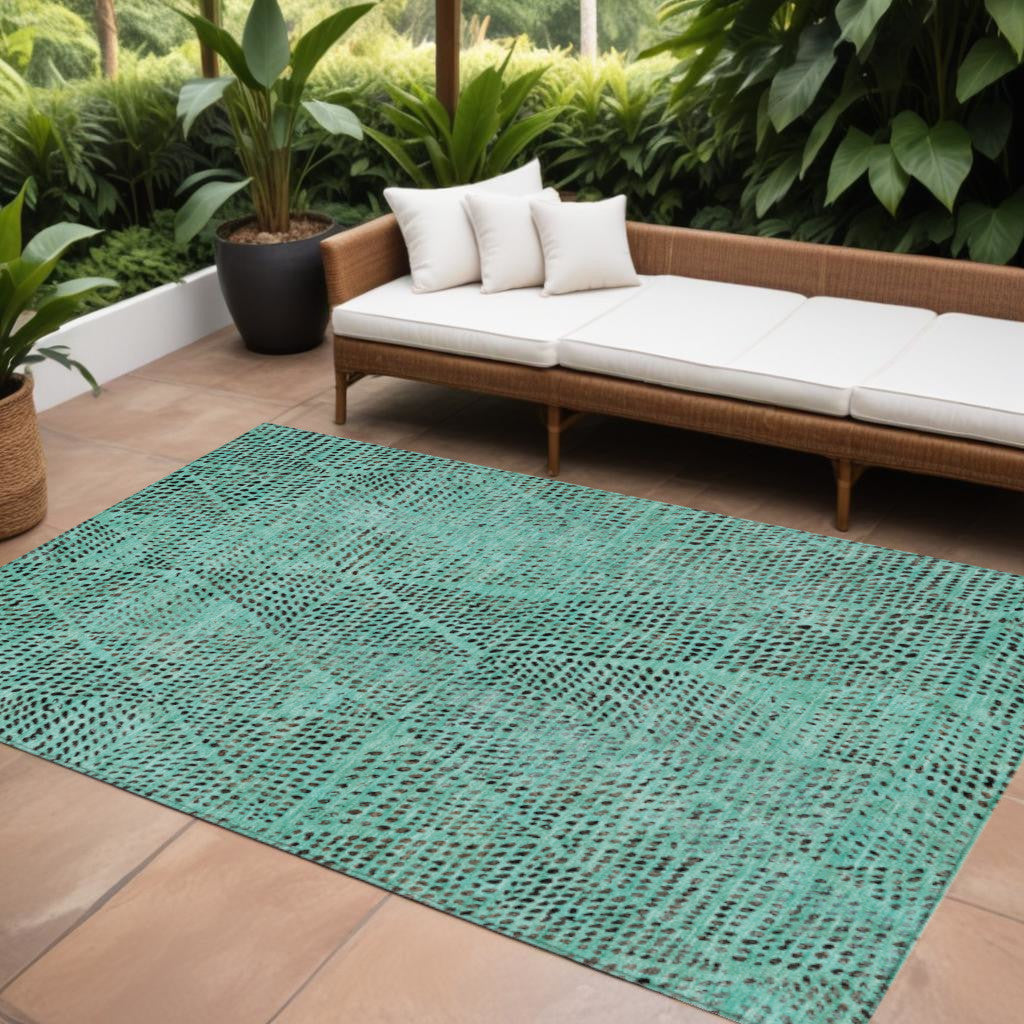 9 X 12 Teal Blue And Charcoal Geometric Washable Indoor Outdoor Area Rug