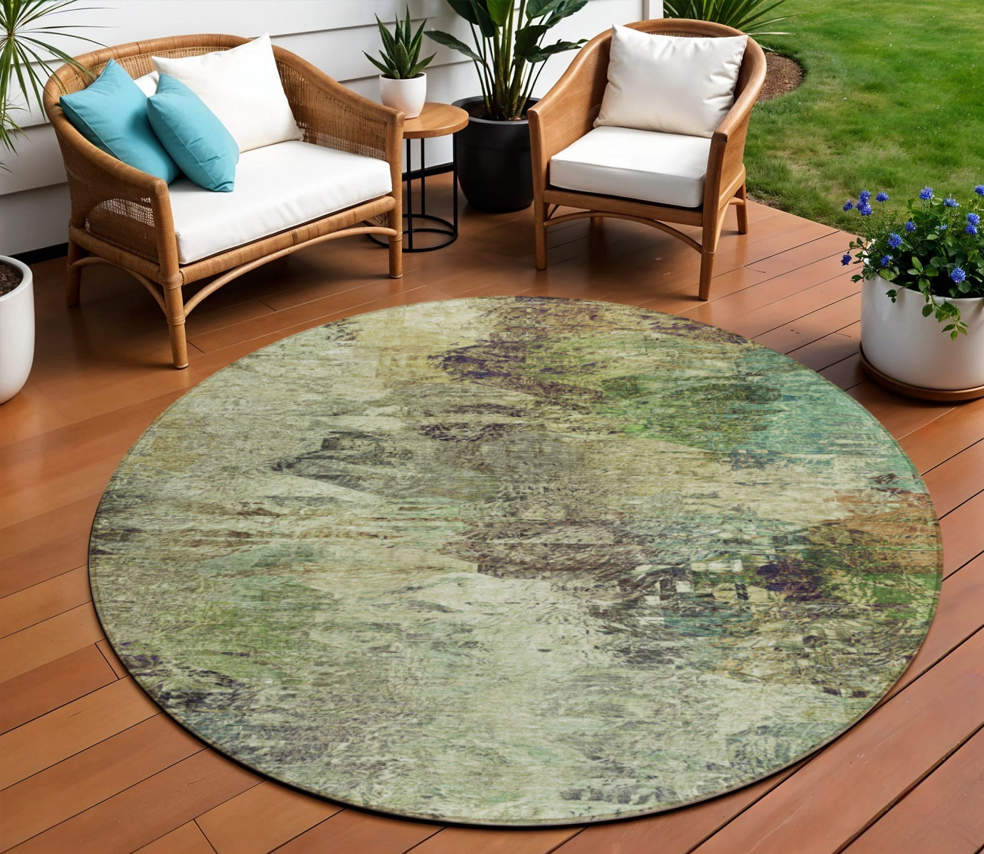 8 Beige Green And Artichoke Green Round Abstract Washable Indoor Outdoor Area Rug