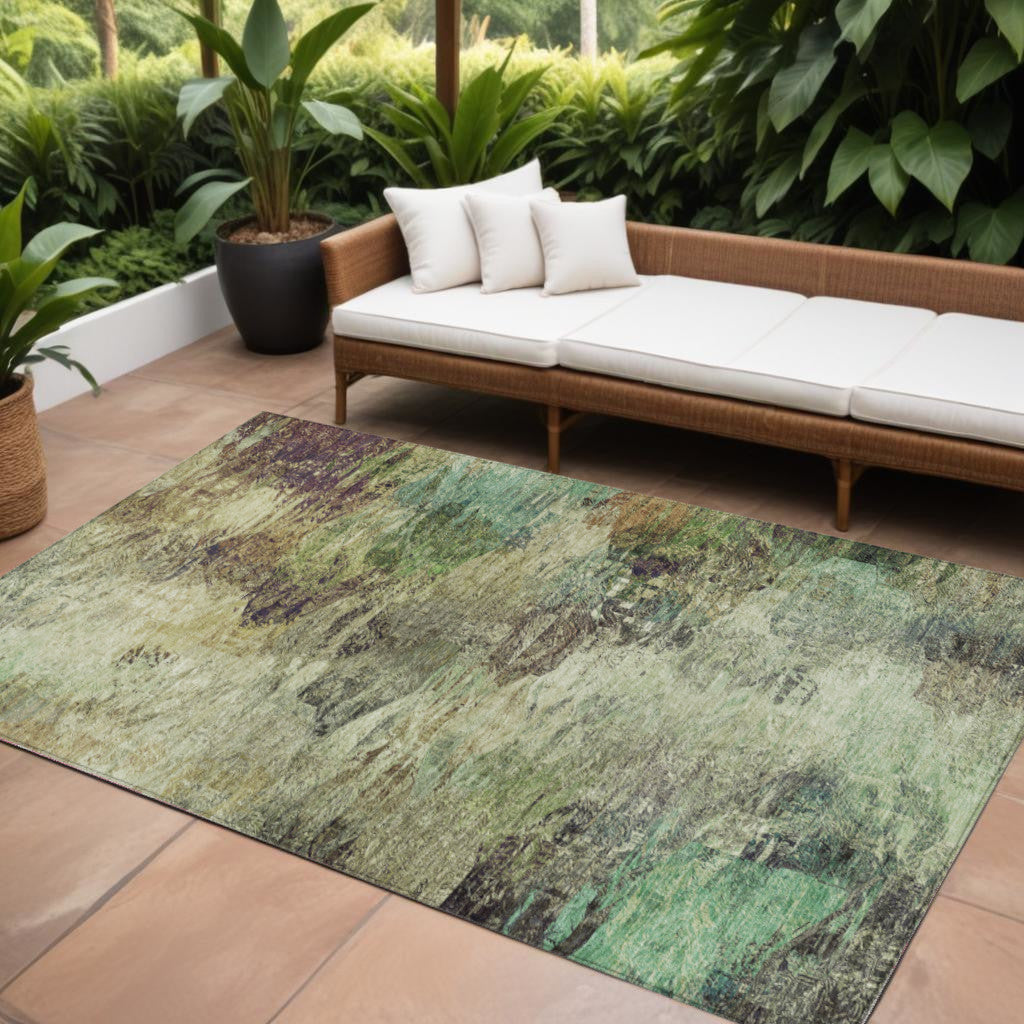 9 X 12 Beige Green And Artichoke Green Abstract Washable Indoor Outdoor Area Rug